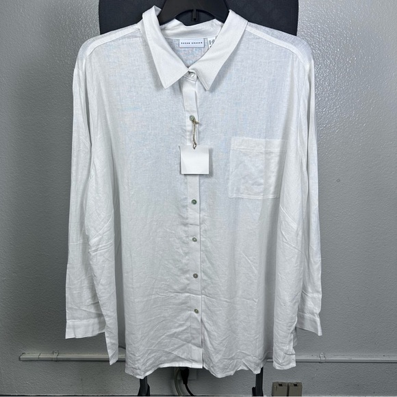 Susan Graver White Linen Blend Button Down Shirt Classic Design - Picture 1 of 6